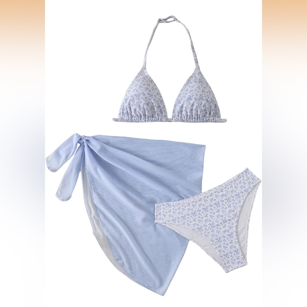 NWT Teen Girl's Swimsuit Set Floral Halter Triangle Bikini Set with Wrap Skirt